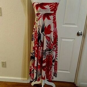 Honey And Lace Red And Green Floral Tropical Print Maxi Skirt Strapless Dress XS